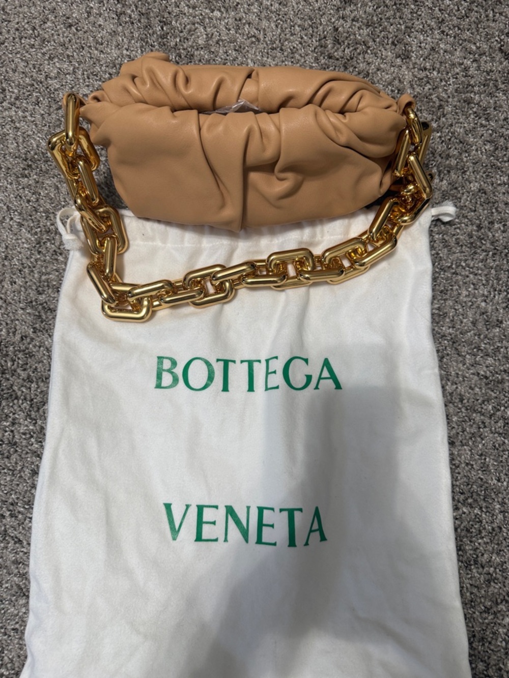 Bottega Veneta Padded Mini Shoulder Bag in Tan with Gold Chain